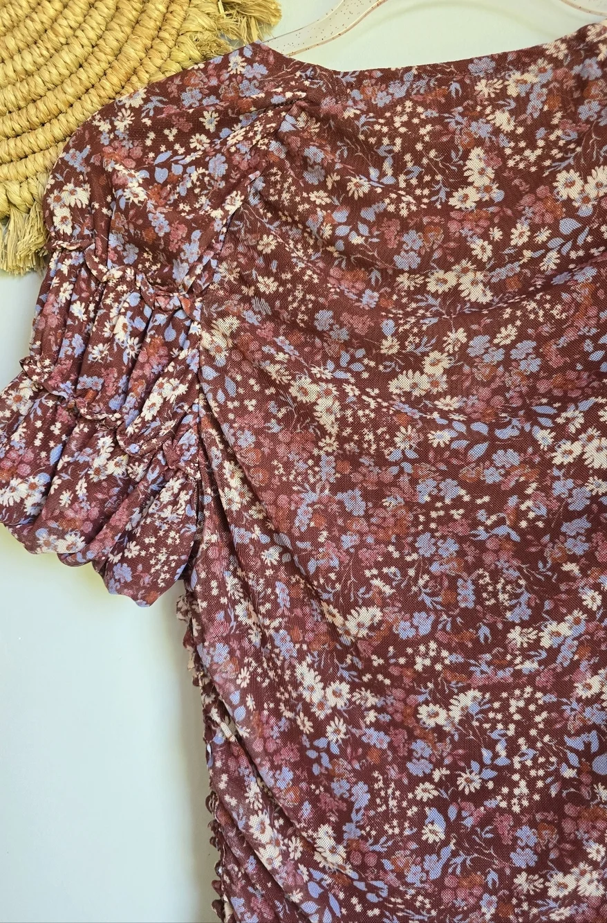 Anthropologie NEW Aurelia Ruched Shirred Red Ditsy Floral Mesh Top SZ Medium Y2K